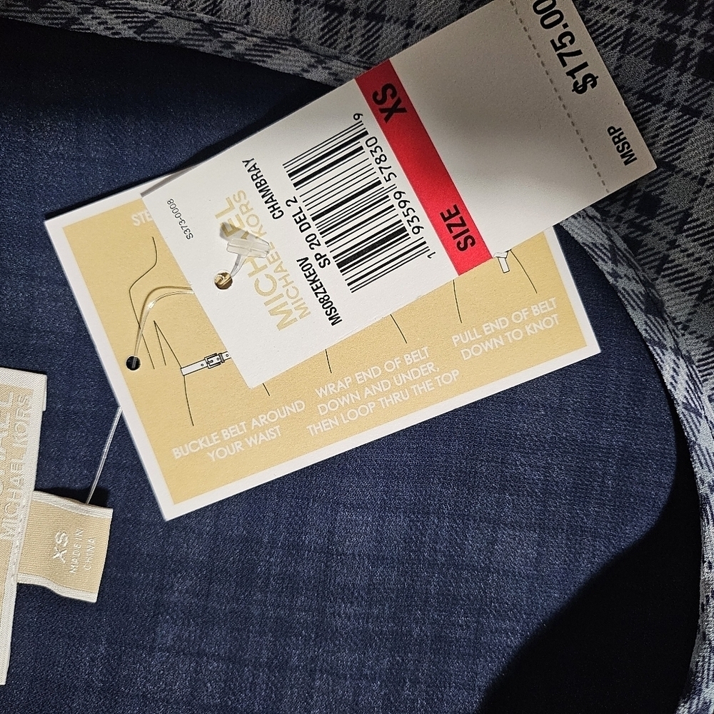NEW Michael Kors Mixed Plaid Georgette Dress Belt Handkerchief Semi Sheer XS - Picture 7 of 12